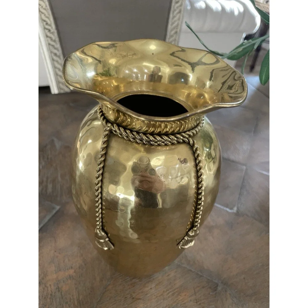 Vtg Hammered Brass Planter Urn Vase  Rope Tassel Design 10.25